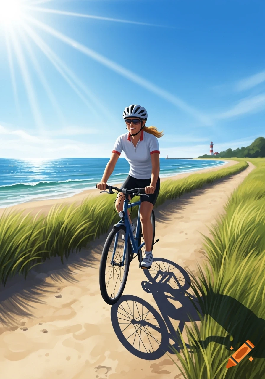 A woman cycles on a sandy path along a sunny beach with the ocean and a distant lighthouse, stylized illustration.