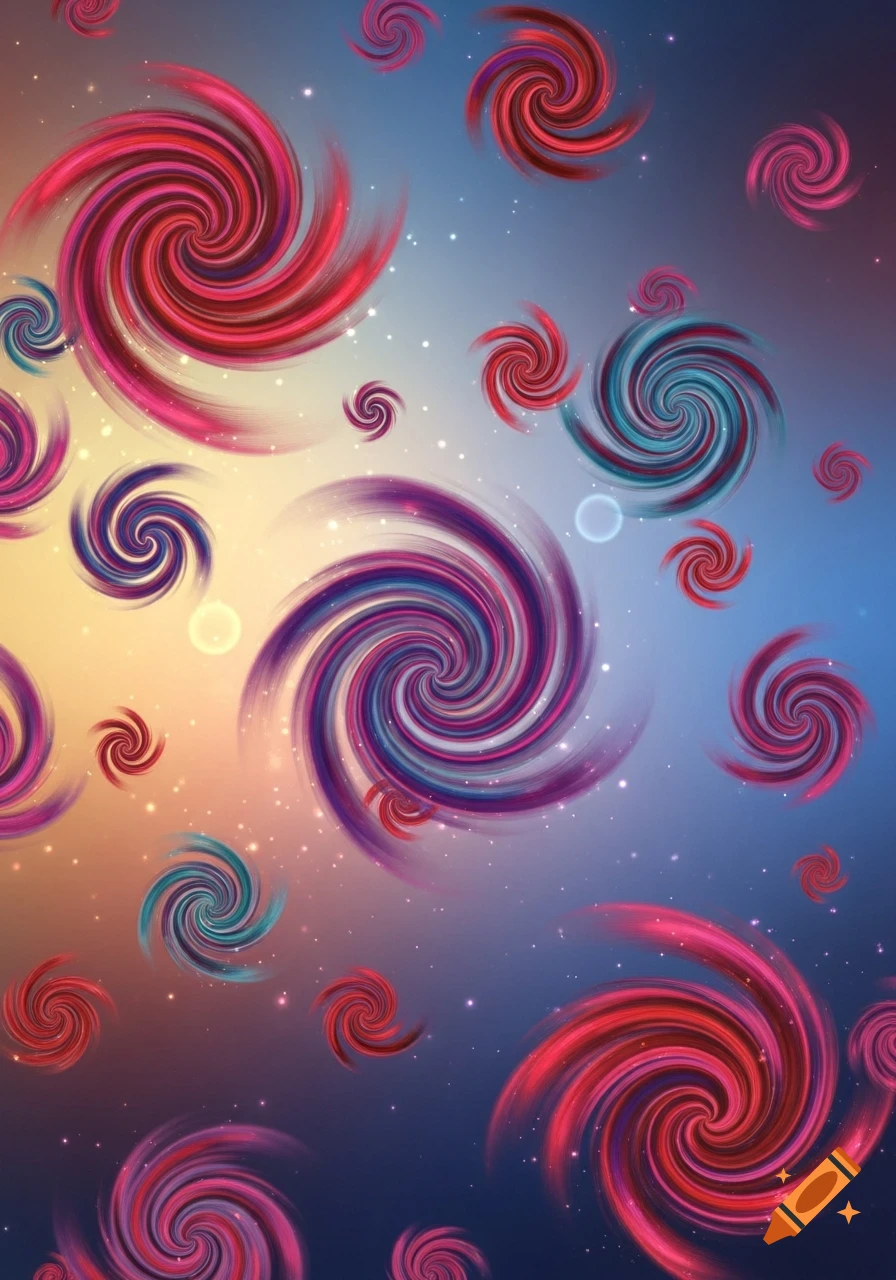 A vibrant abstract background featuring numerous colorful swirls in red, pink, purple, and blue against a starry gradient.