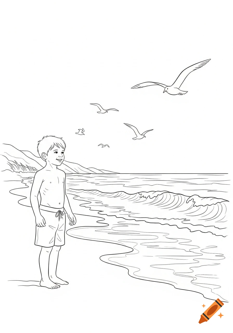 Line drawing of a smiling boy in swimwear standing on a beach with ocean waves and seagulls flying.