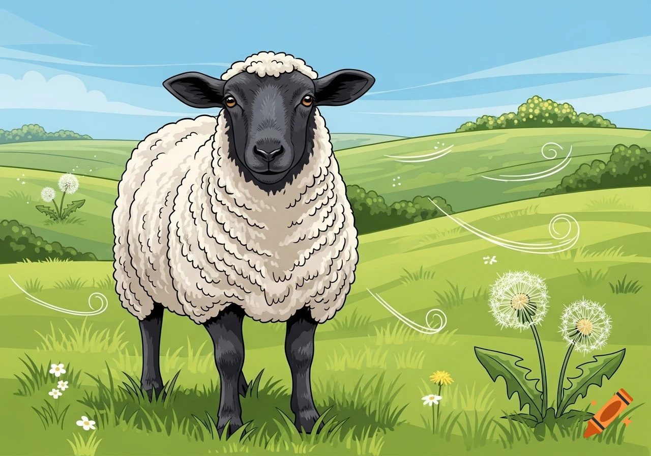 A vector illustration of a black-faced sheep with white fleece standing in a green field with dandelions under a blue sky.