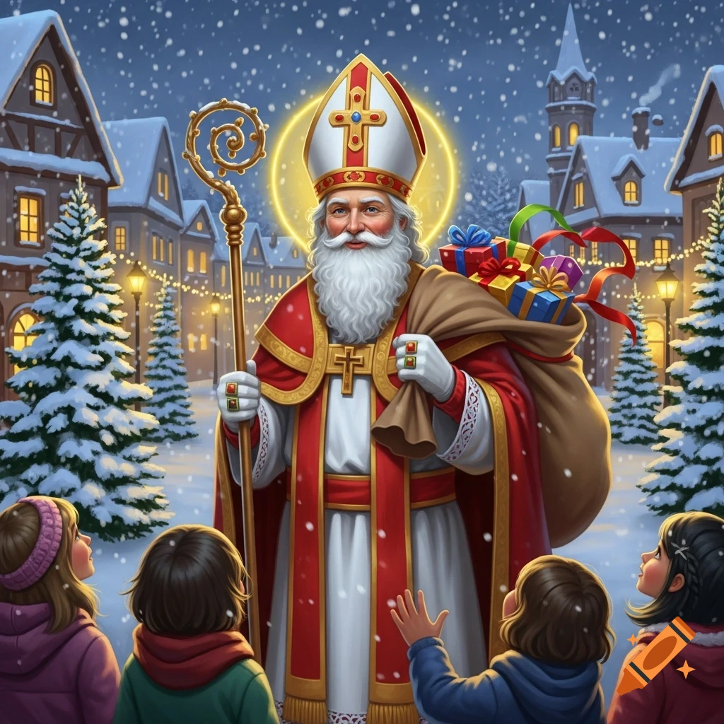 Stylized illustration of Saint Nicholas in a snowy village, holding a staff and sack of gifts, with children looking up at him.