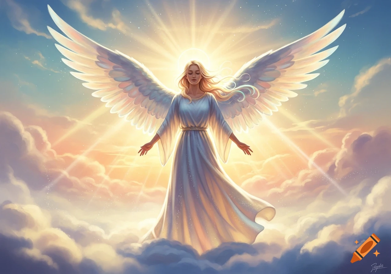 Radiant female angel with large white wings standing in the clouds, illuminated by golden light from above.