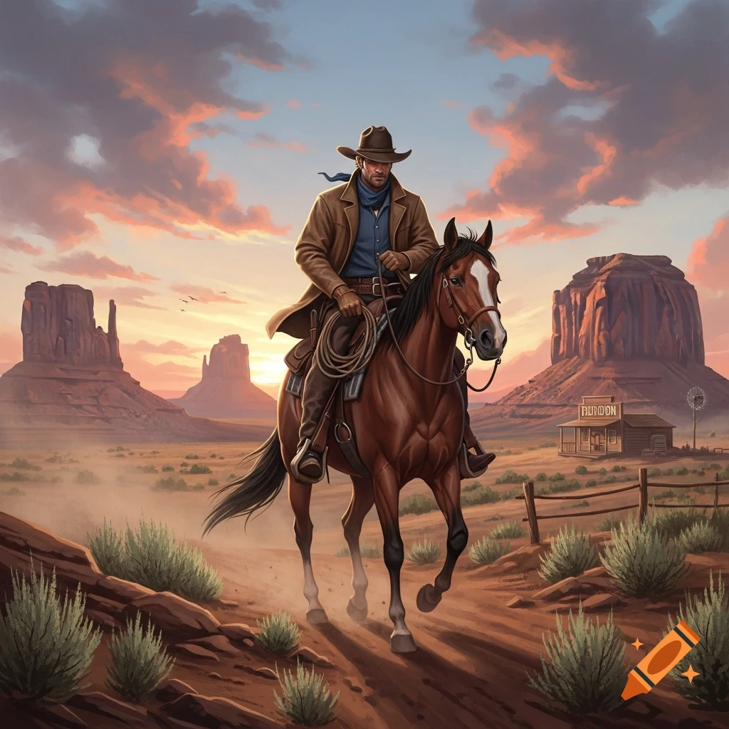 A cowboy on horseback rides through a desert at sunset, with large rock formations and a small building in the background, in an illustration style.