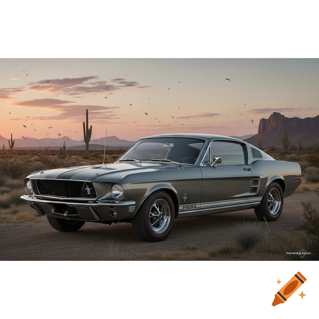A gray 1968 Ford Mustang GT500 on a dirt road in a desert landscape at sunset, photorealistic style.