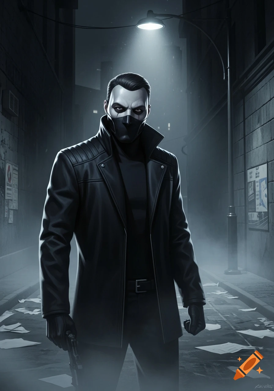 A masked man in a black leather coat stands in a dark, foggy alley, holding a gun, in a photorealistic style.