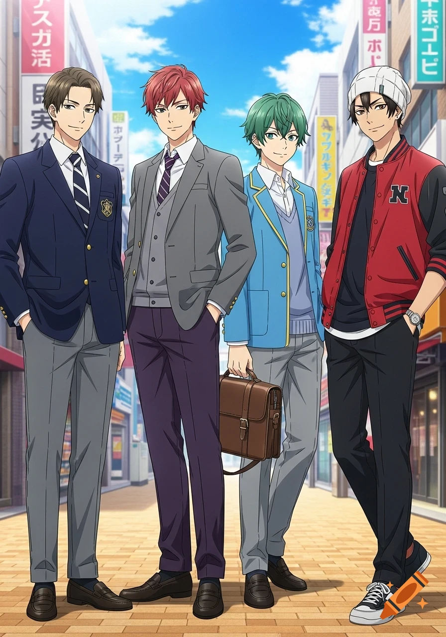 Four male anime characters in preppy school uniforms standing on a city street.