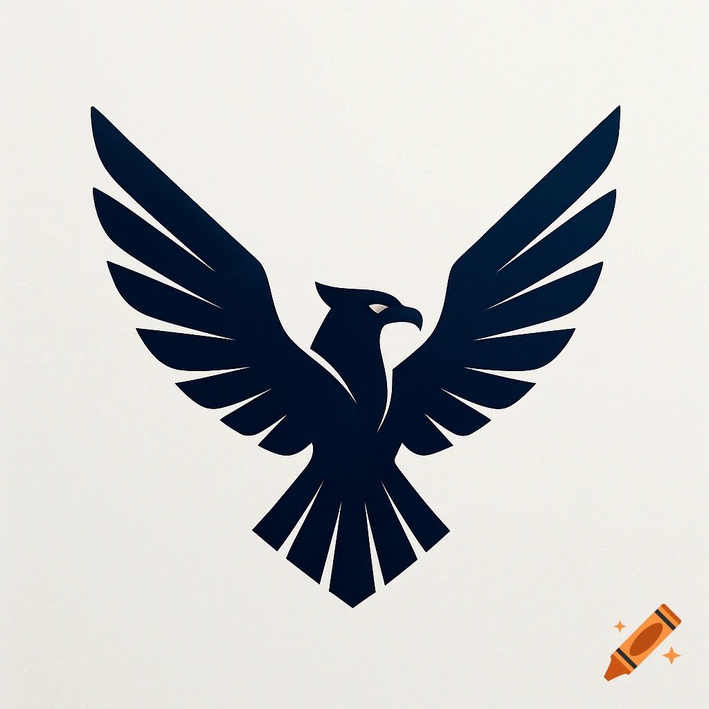 A stylized dark blue eagle with outstretched wings, facing right, on a light off-white background.