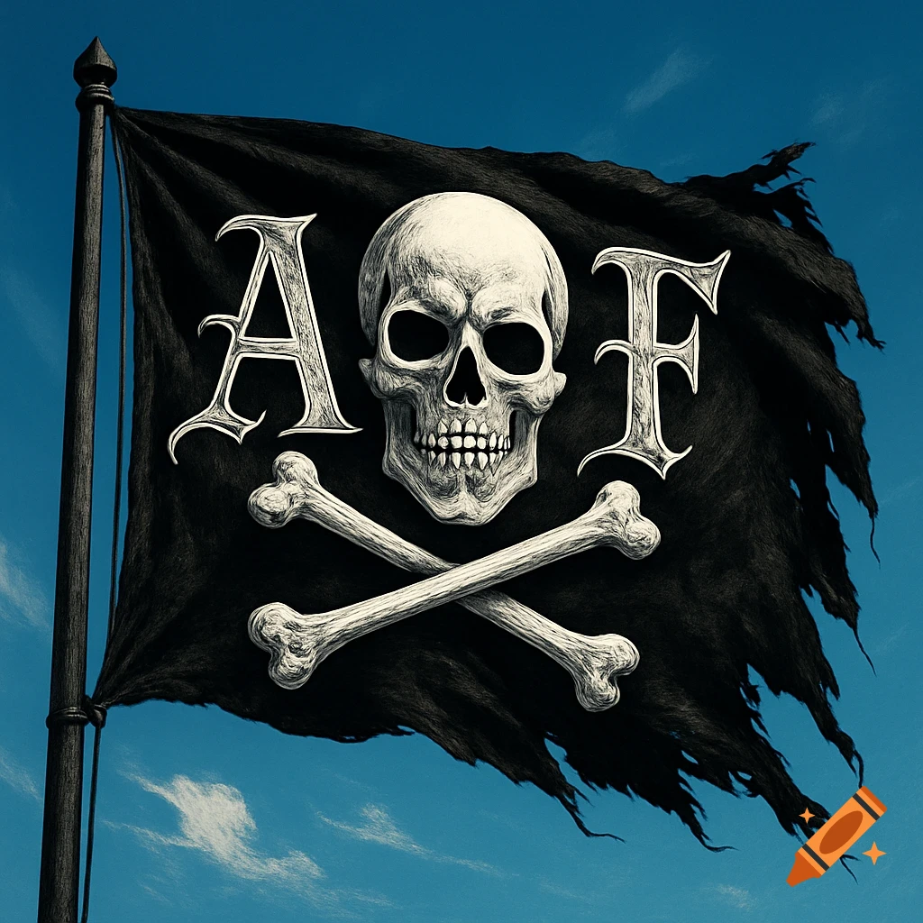 A tattered black Jolly Roger flag with a skull, crossbones, and the letters A and F, set against a blue sky.