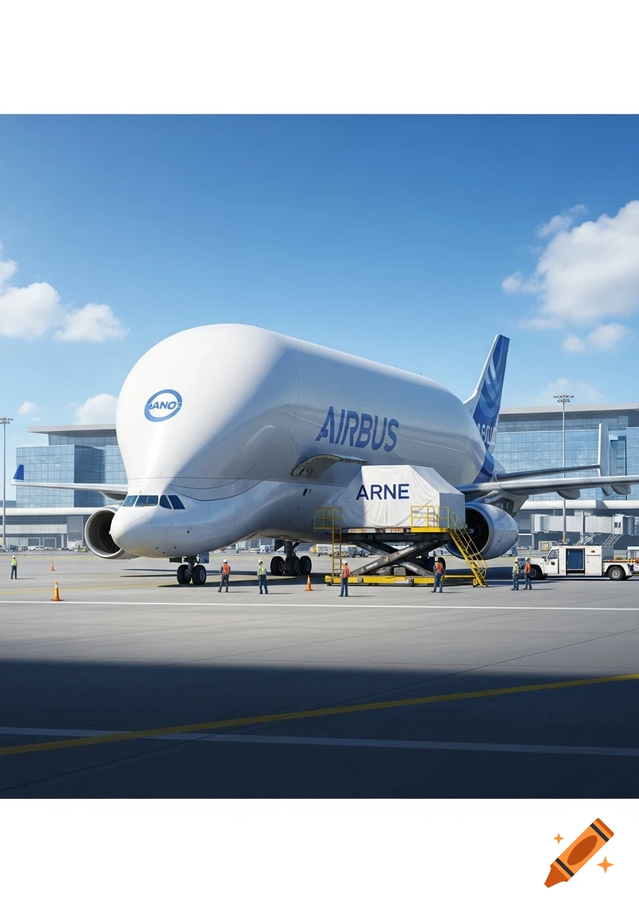 A photorealistic image of an Airbus Beluga cargo plane parked on an airport tarmac under a blue sky, with ground crew and a cargo loader near its side.