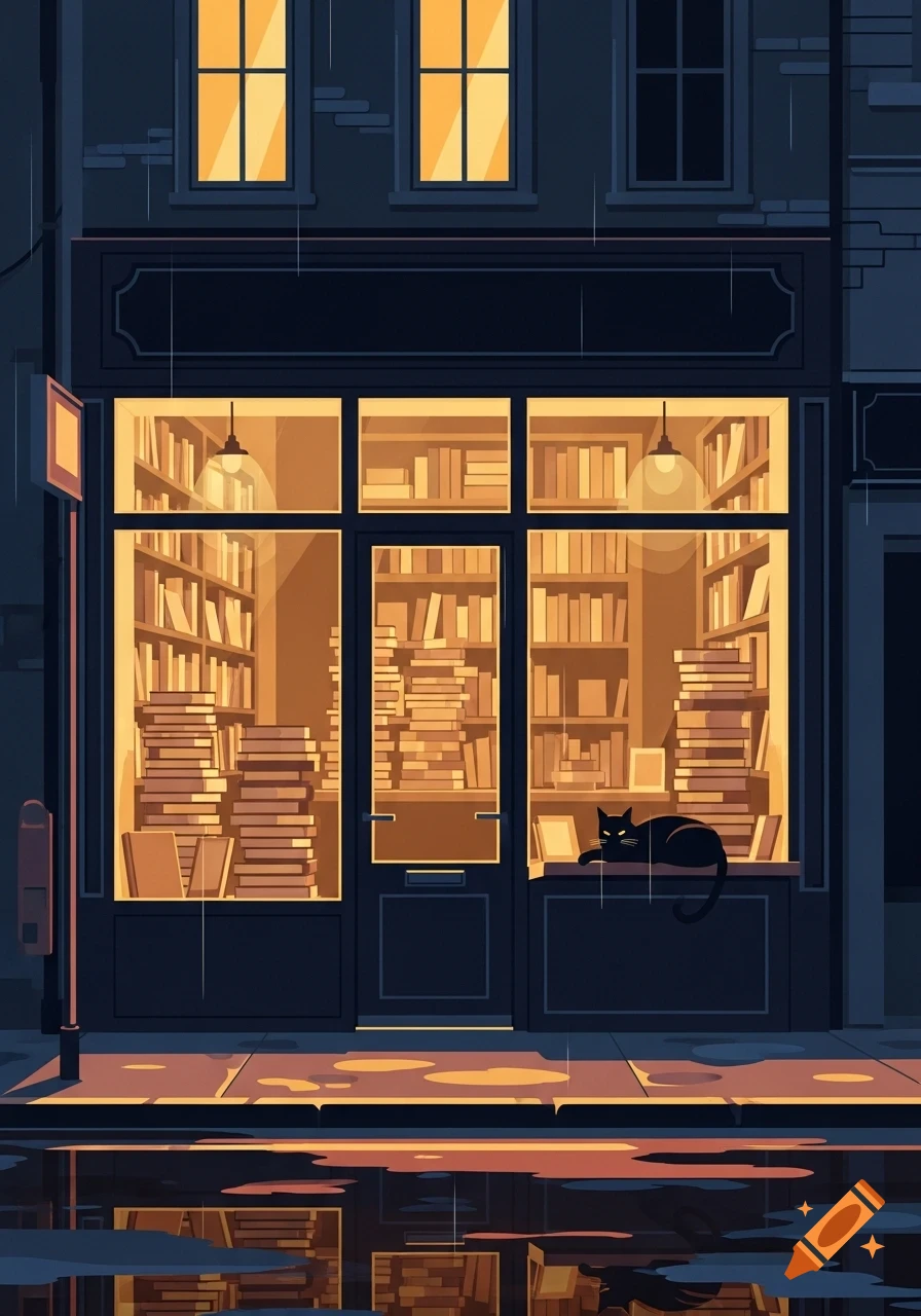 Illustrative view of a cozy bookstore on a rainy night with warm light, stacks of books, a black cat on the counter, and street reflections.