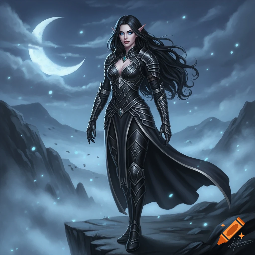 Digital painting of a dark elf woman in black armor on a cliff under a crescent moon with misty mountains.