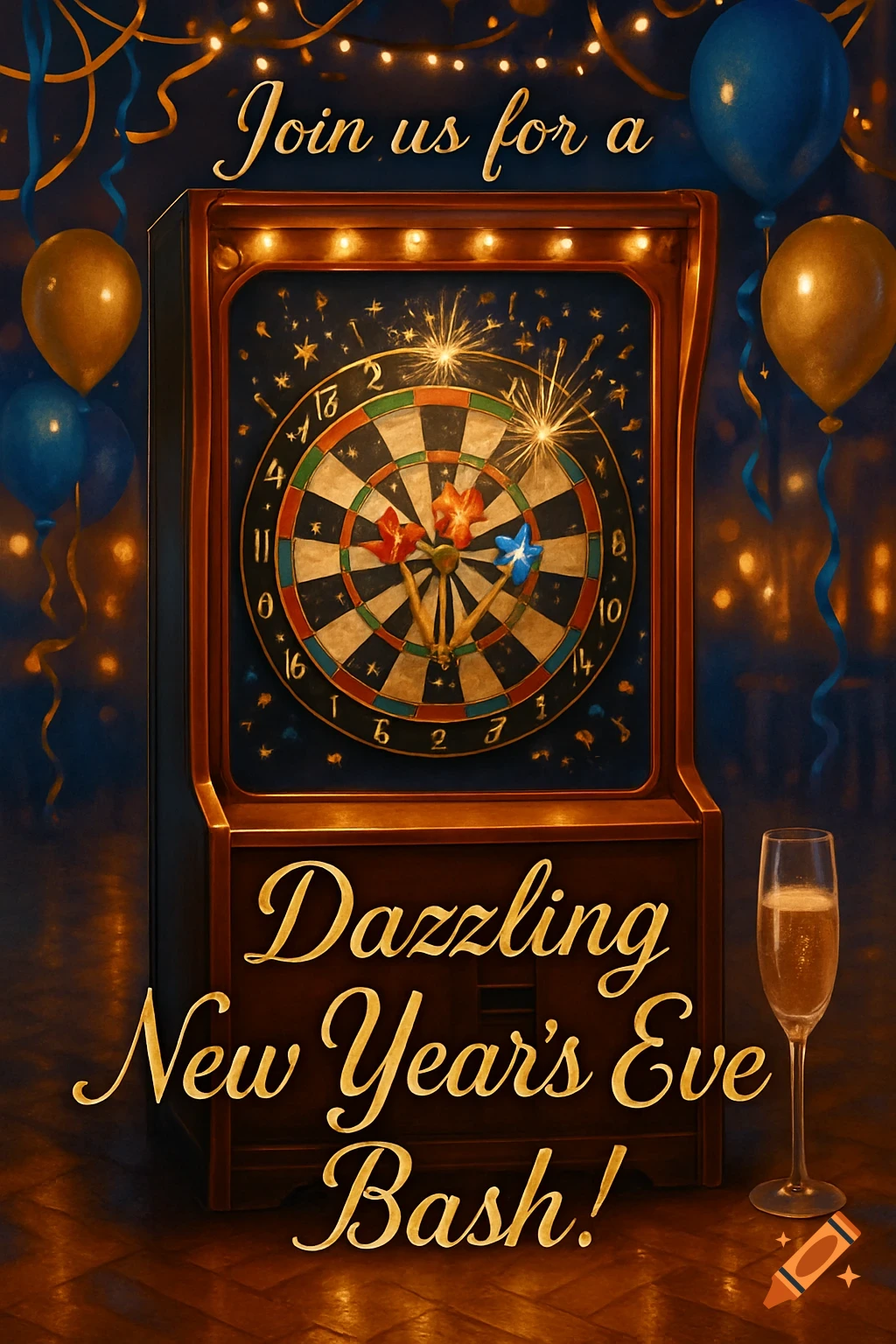 A festive New Year's Eve invitation with a dartboard, balloons, a champagne glass, and the text 'Join us for a Dazzling New Year's Eve Bash!'
