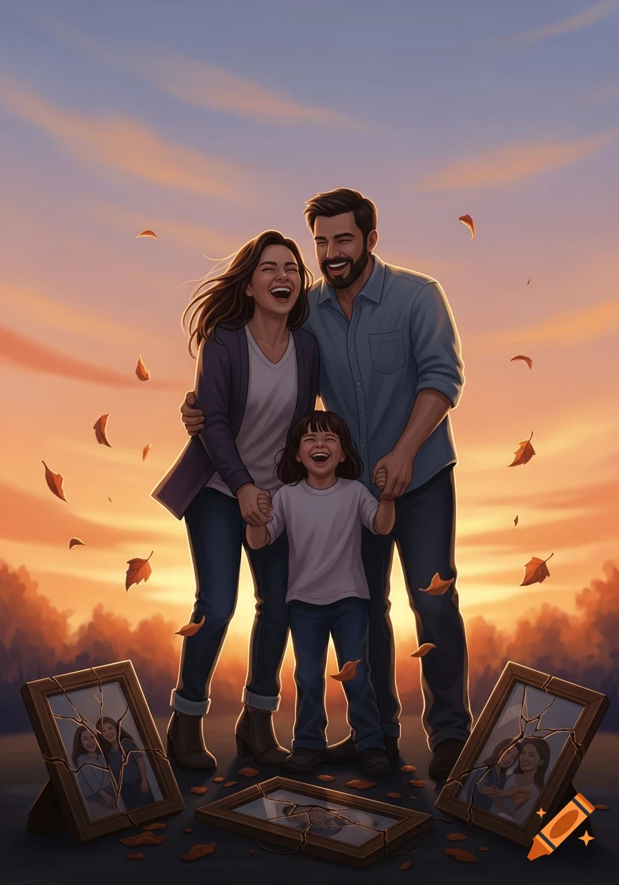 An illustrated happy family laughs at sunset as autumn leaves fall, surrounded by broken picture frames.