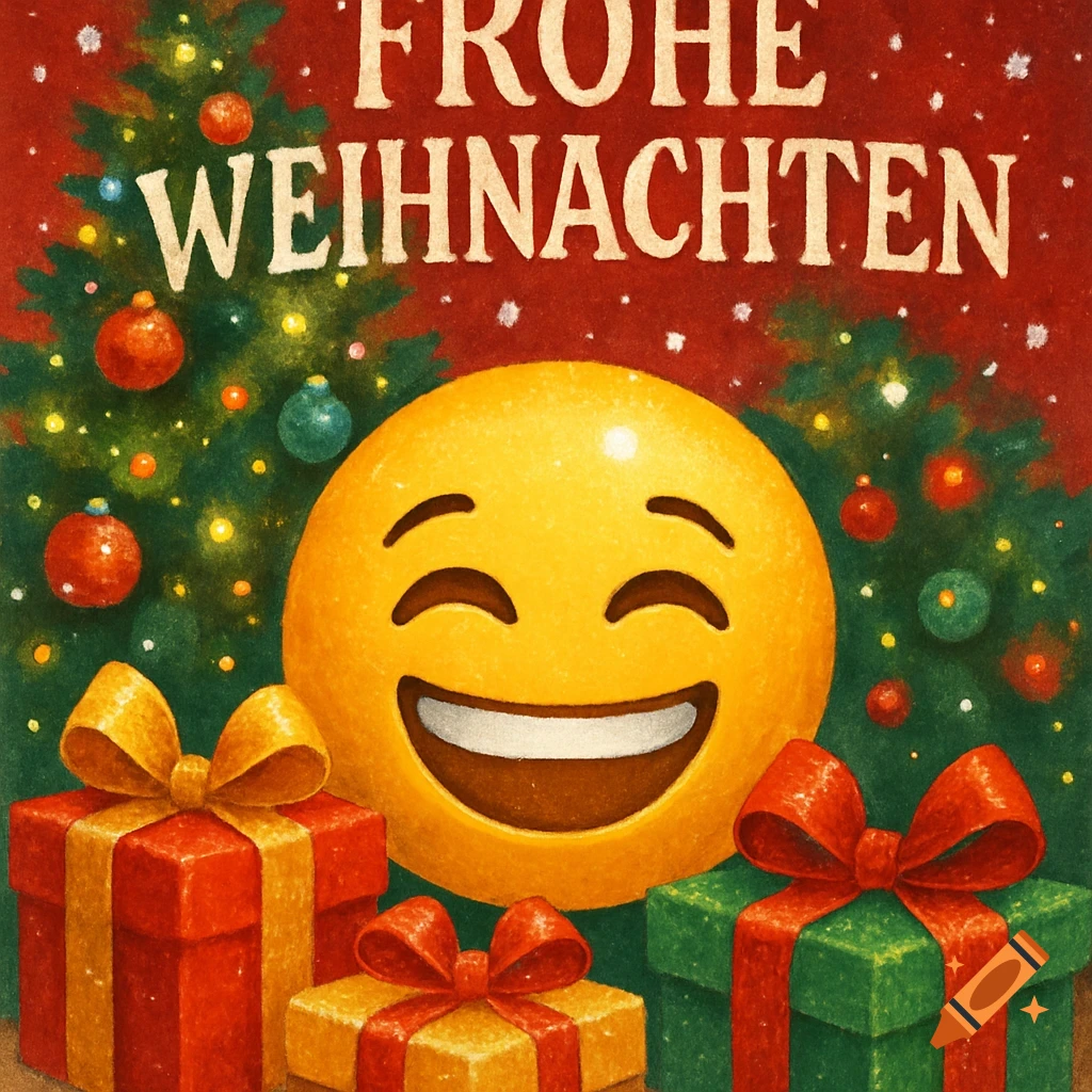 A drawing of a happy emoji, a Christmas tree, and wrapped gifts, with "FROHE WEIHNACHTEN" (Merry Christmas) text.