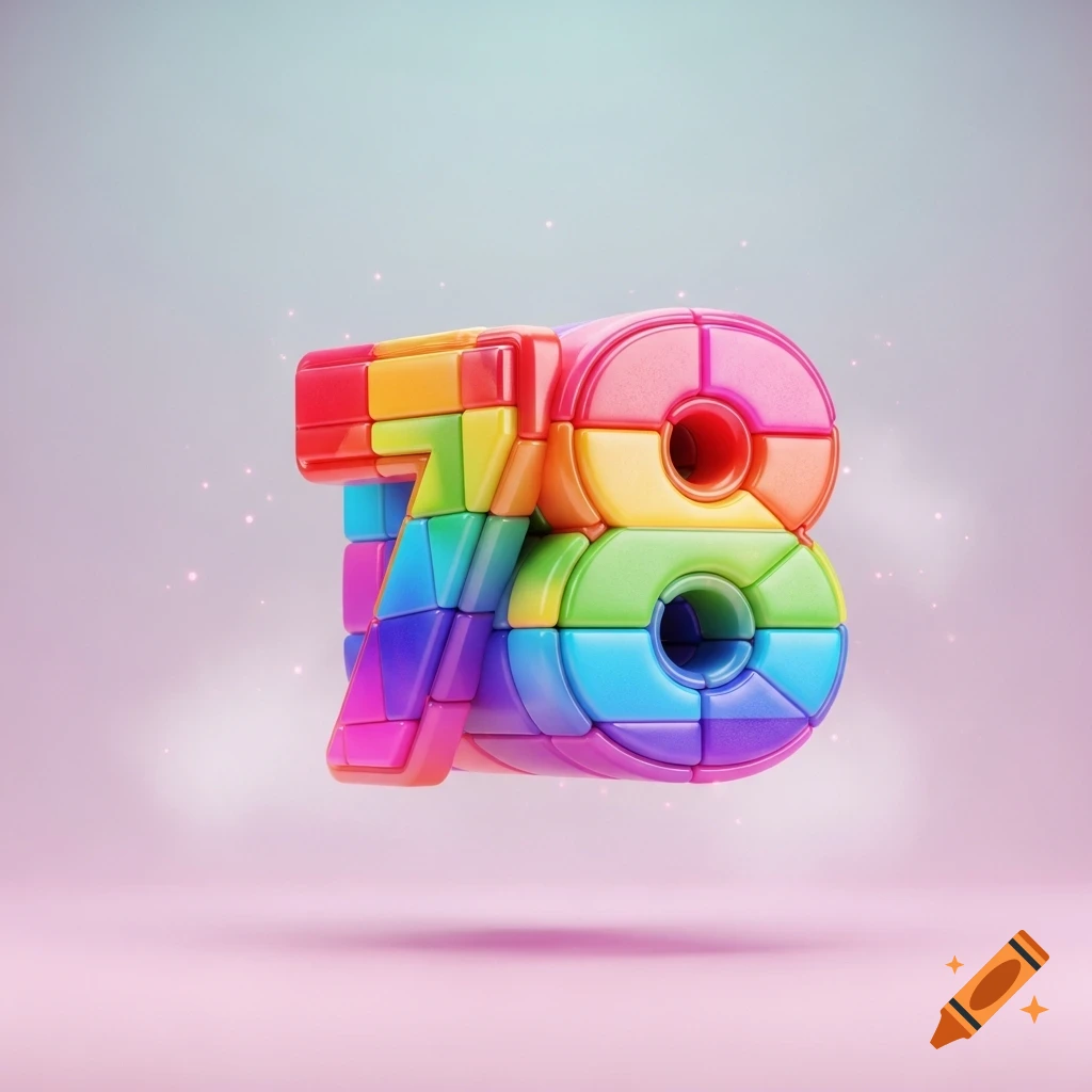 A vibrant, 3D rendered number 78 made of rainbow-colored square blocks, floating against a soft pink and blue background.
