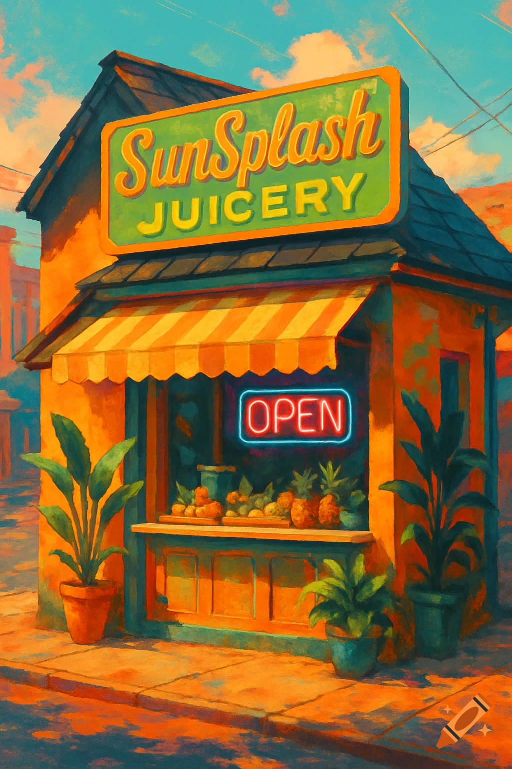 A colorful, stylized painting of a SunSplash Juicery shop with an OPEN neon sign and fruits displayed in the window.