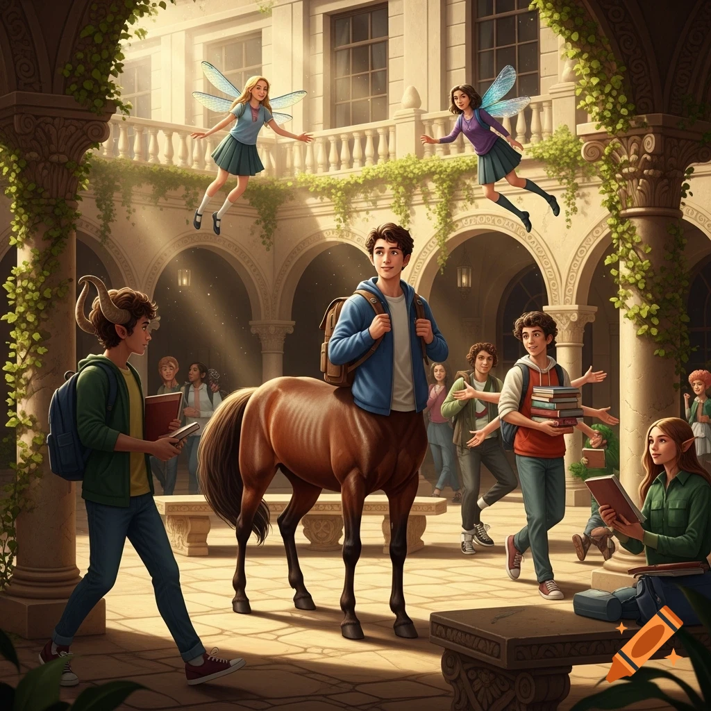 A centaur student with a backpack stands in a sunlit school courtyard filled with other unique students, including a satyr, fairies, and an elf-like student reading.