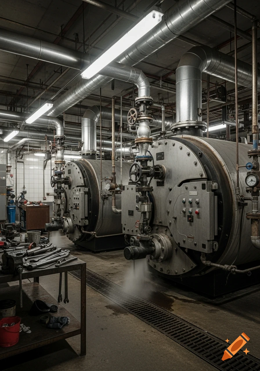Photorealistic image of a dimly lit industrial boiler room with large metallic boilers, intricate piping, valves, and gauges, with tools on a nearby workbench.