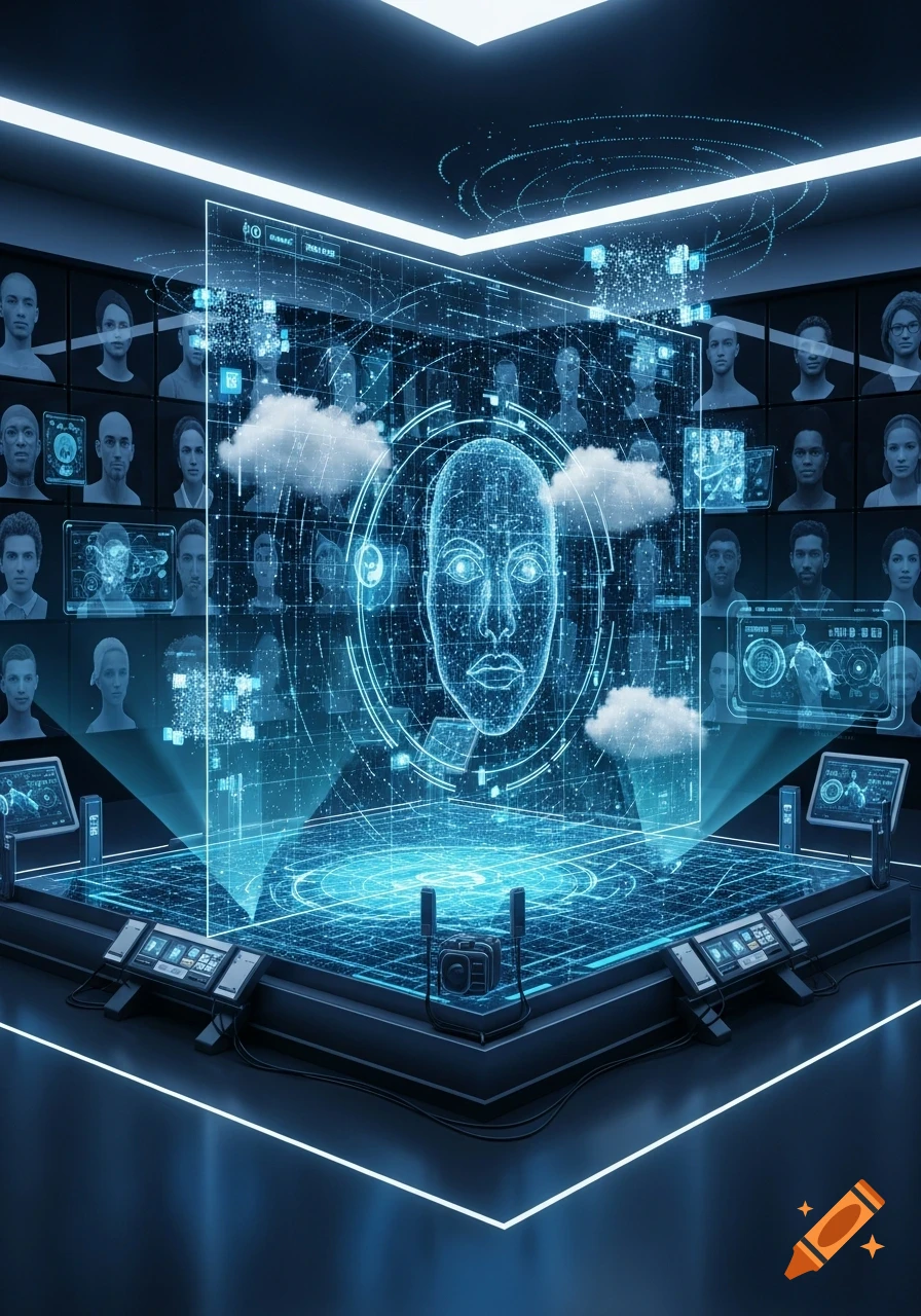 A futuristic face recognition AI system displaying a large holographic human face and data over a control panel, surrounded by screens showing various human faces in a dark room.