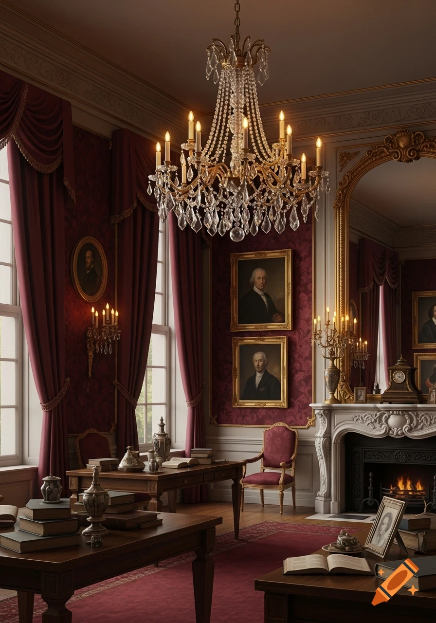 A luxurious classical room with red damask wallpaper and drapes, a crystal chandelier, a fireplace, and framed portraits.
