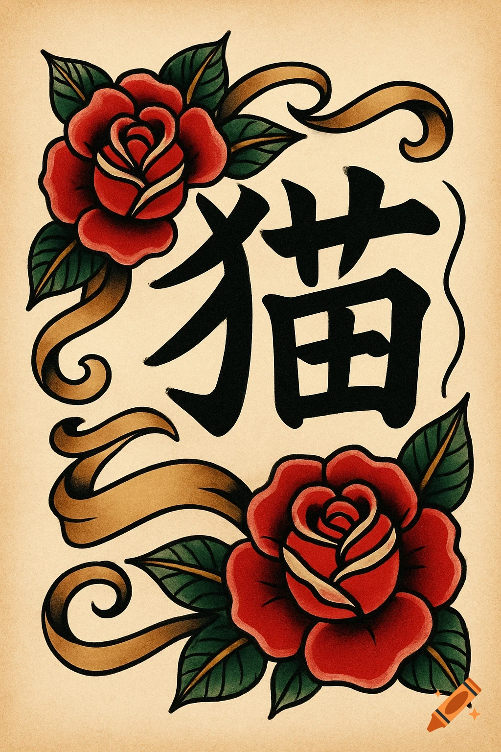 American traditional tattoo style illustration with two red roses, a brown ribbon, and the Japanese kanji for 'cat' in black.
