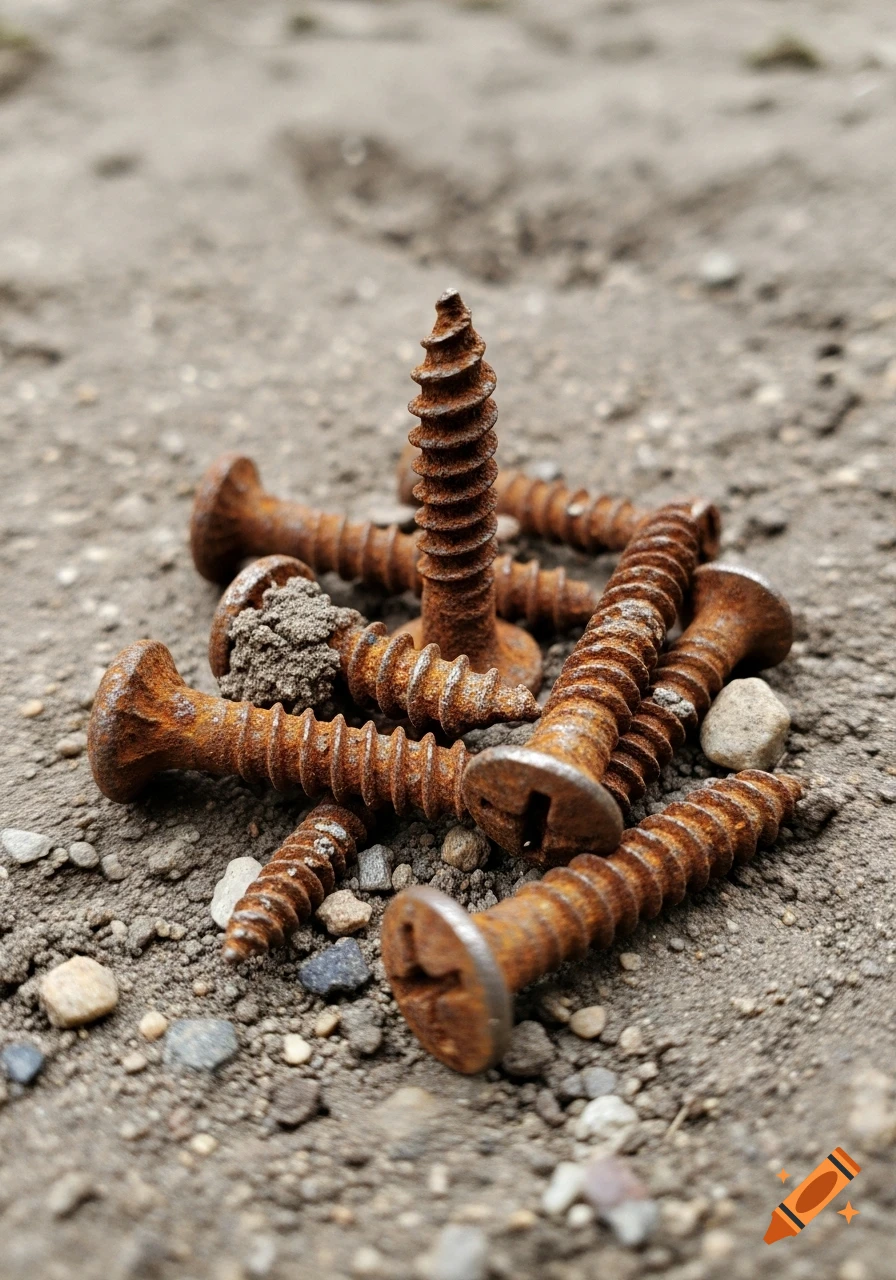Photorealistic close-up of a pile of rusty screws lying on dirt and small pebbles.