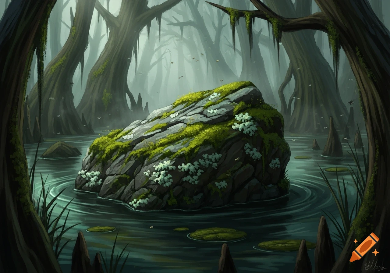 Digital painting of a moss-covered rock in a misty swamp with twisted trees, water, and lily pads.