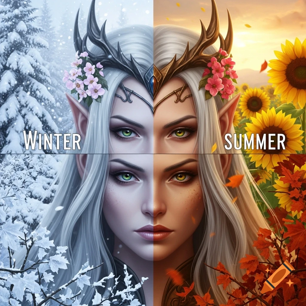 A fantasy elf woman's face split into four quadrants, representing winter, spring, summer, and autumn with corresponding backgrounds.