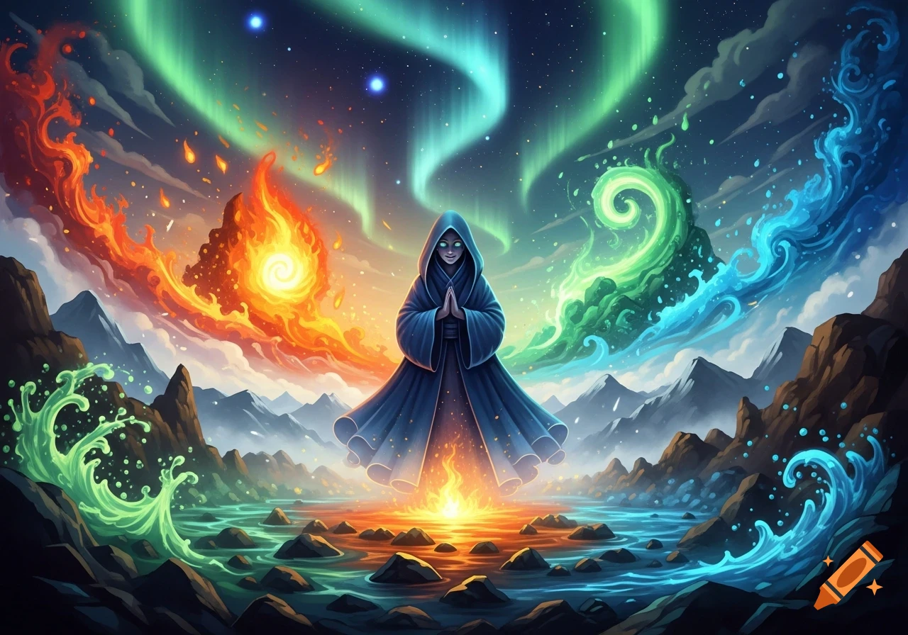 A hooded figure with glowing eyes meditates amidst a vibrant landscape of fire, water, mountains, and aurora borealis.