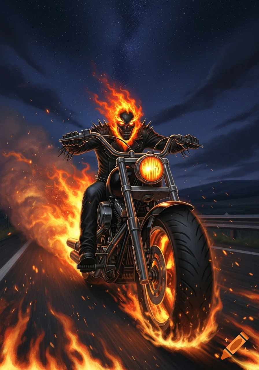 A flaming skeleton, like Ghost Rider, speeds on a burning motorcycle down a dark road under a star-filled sky, comic art style.