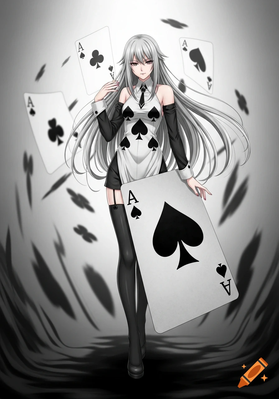 Anime girl with long silver hair, wearing a white and black dress with spade patterns, holding a large ace of spades card, surrounded by floating cards.