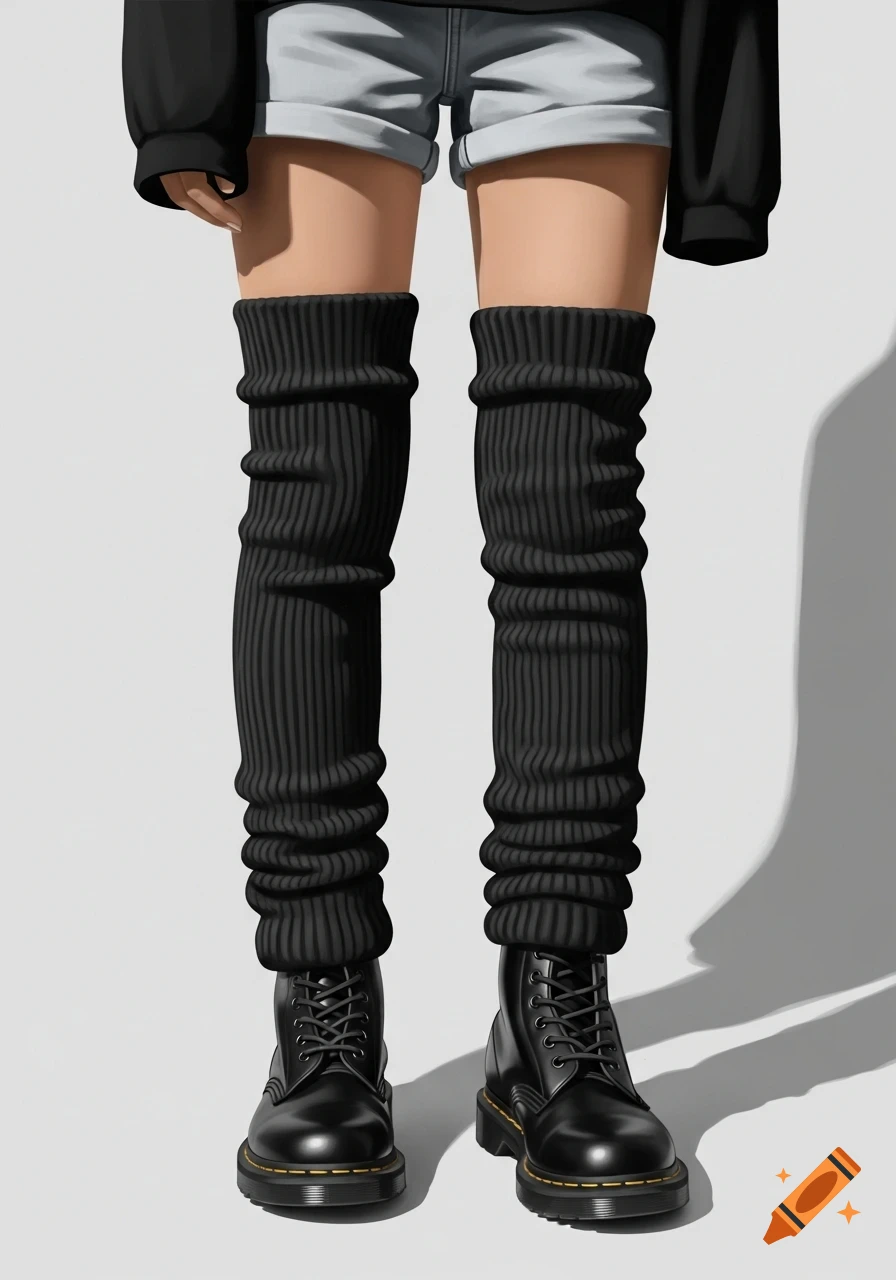 A person stands in light shorts, a black top, black over-the-knee leg warmers, and black Dr. Martens boots on a neutral background.