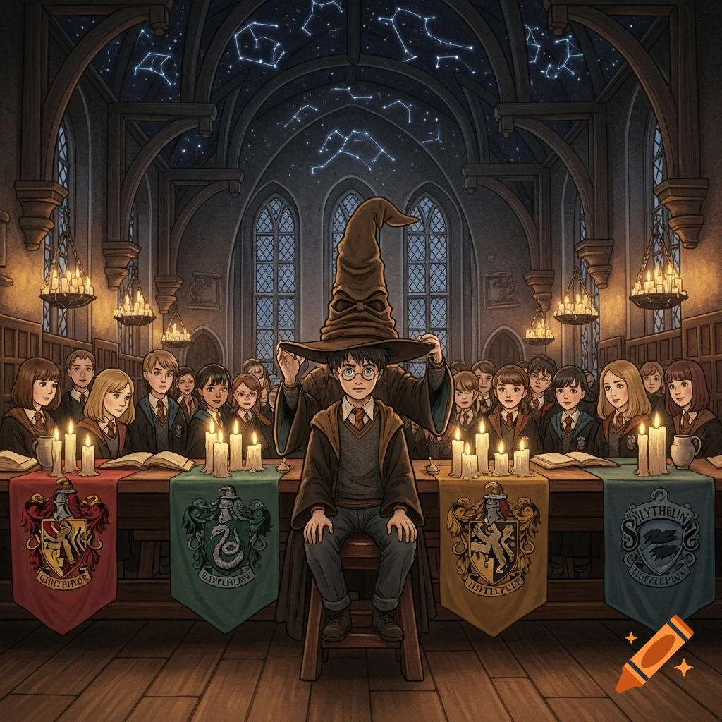 An anime-style illustration of young Harry Potter sitting on a stool as a large Sorting Hat is placed on his head, surrounded by other students at long tables in a grand hall with starry constellations on the ceiling. House banners for Gryffindor, Slytherin, and Hufflepuff are displayed on the tables.