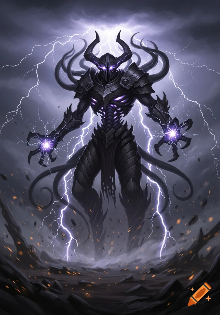 A dark, horned, armored fantasy villain with glowing purple eyes and energy stands in a stormy, lightning-filled landscape.