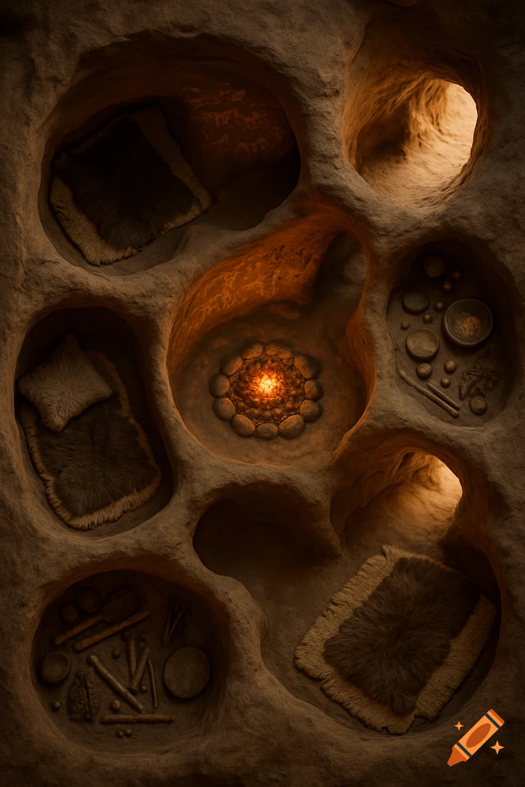 A top-down, realistic view of a tribal family cave layout, featuring a central fire pit, fur beds, and primitive tools in various alcoves.