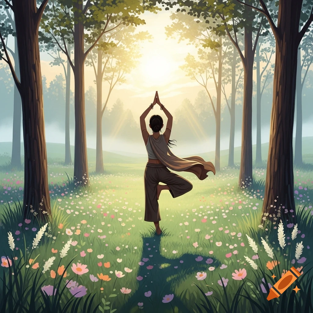 Stylized illustration of a person doing a tree pose yoga in a sunny, serene forest with a field of wildflowers.
