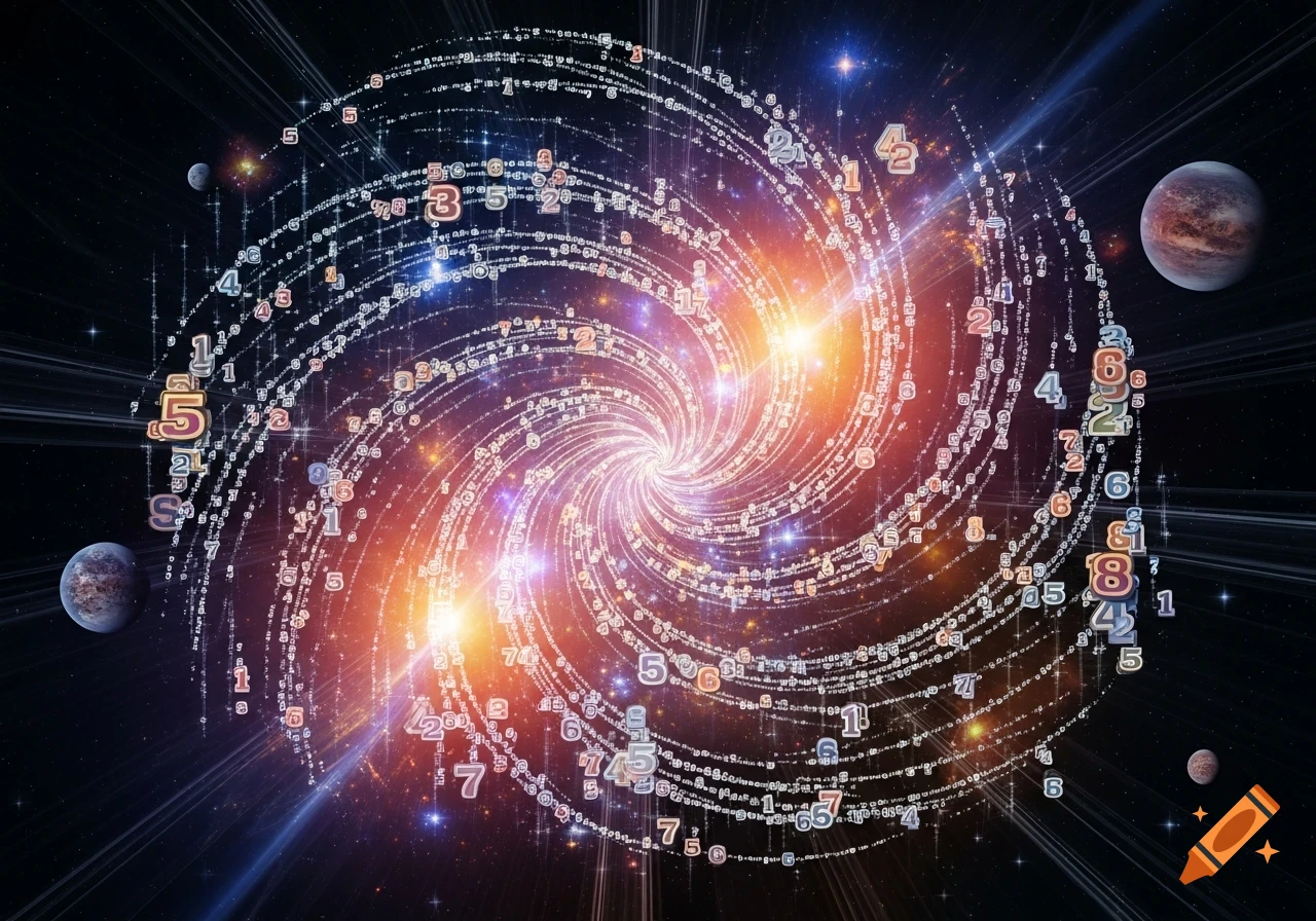 A vibrant cosmic swirl of glowing numbers and stars, with planets visible in the dark background, illustrating chaos theory.