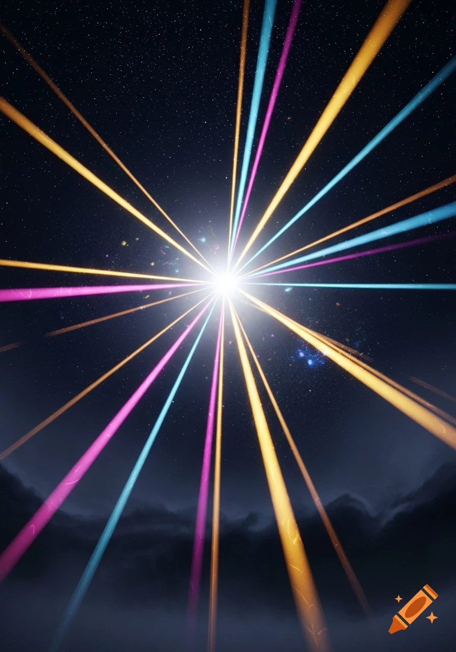 Colorful light beams burst from a central point against a dark starry night sky with misty clouds below.