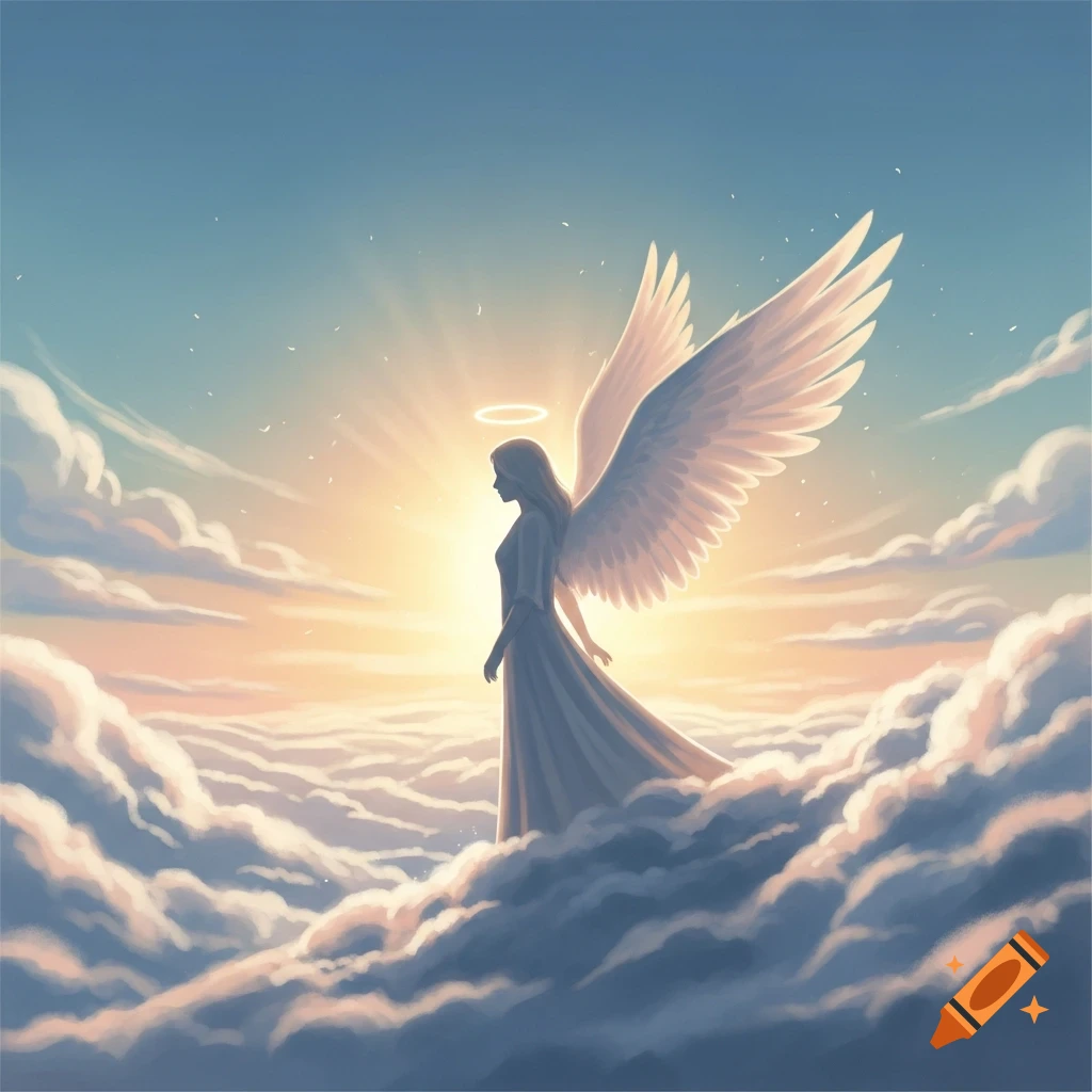 Silhouette of an angel with large wings and a halo, standing on clouds, bathed in golden light from a sunrise in a pastel sky.