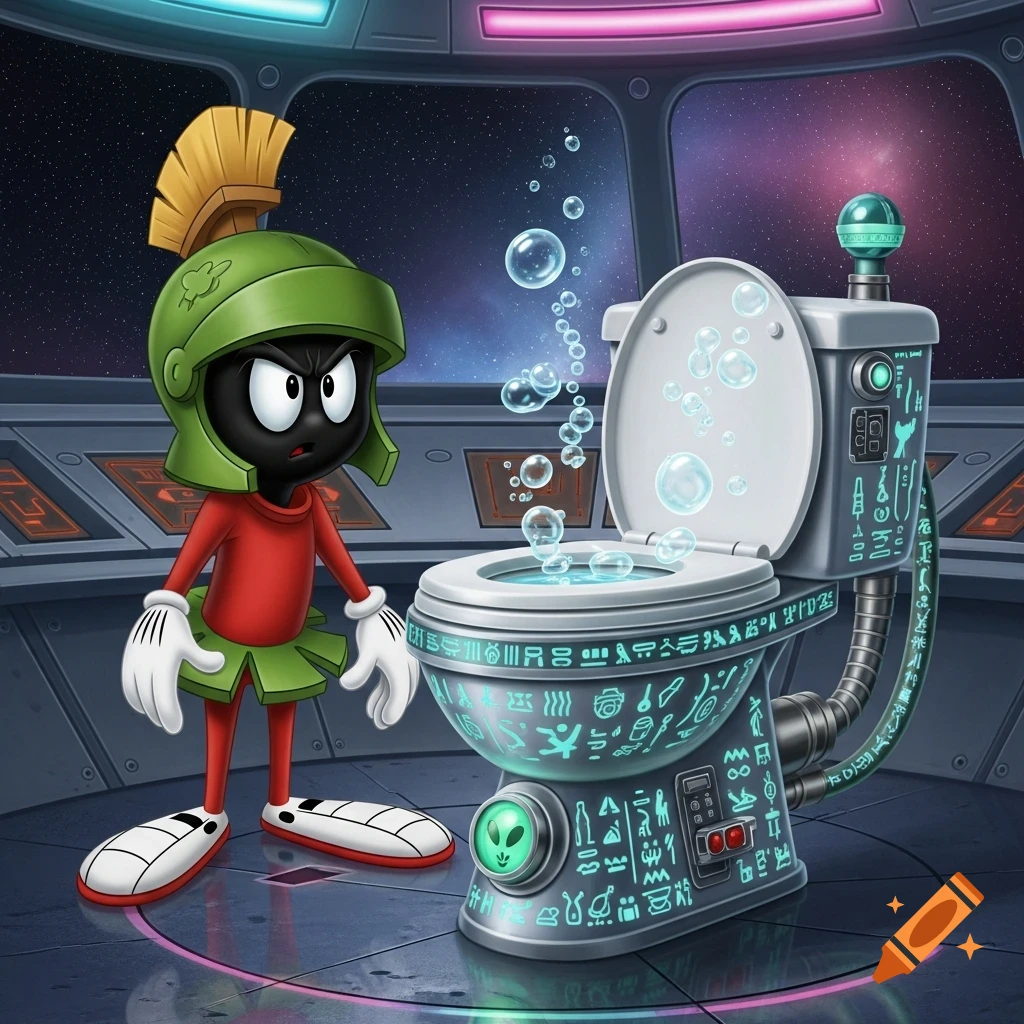 Marvin the Martian stands in a spaceship, looking at an ornate alien toilet with glowing symbols and bubbles.
