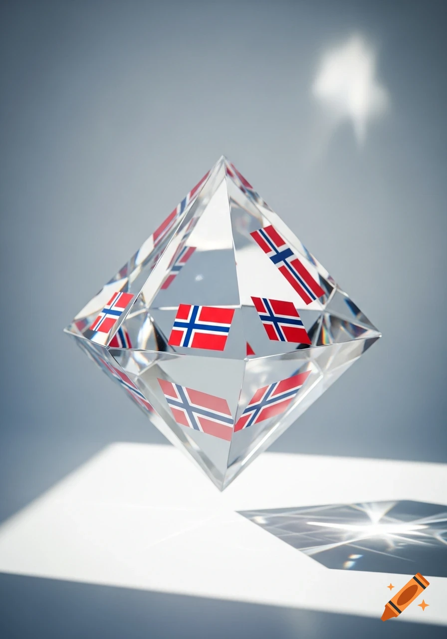 A clear crystal trapezohedron floats against a white background, reflecting small Norwegian flags with red, white, and blue crosses.