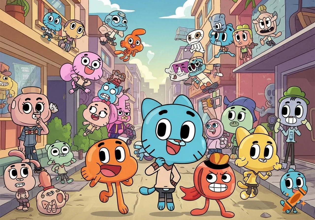 A colorful, vibrant illustration of many cartoon characters from The Amazing World of Gumball scattered across an urban street scene.