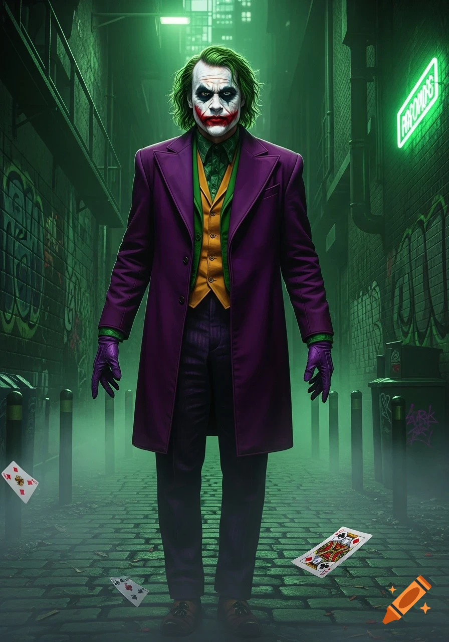 The Joker, in a purple coat and green shirt, stands in a foggy, green neon-lit city alley with playing cards scattered around.