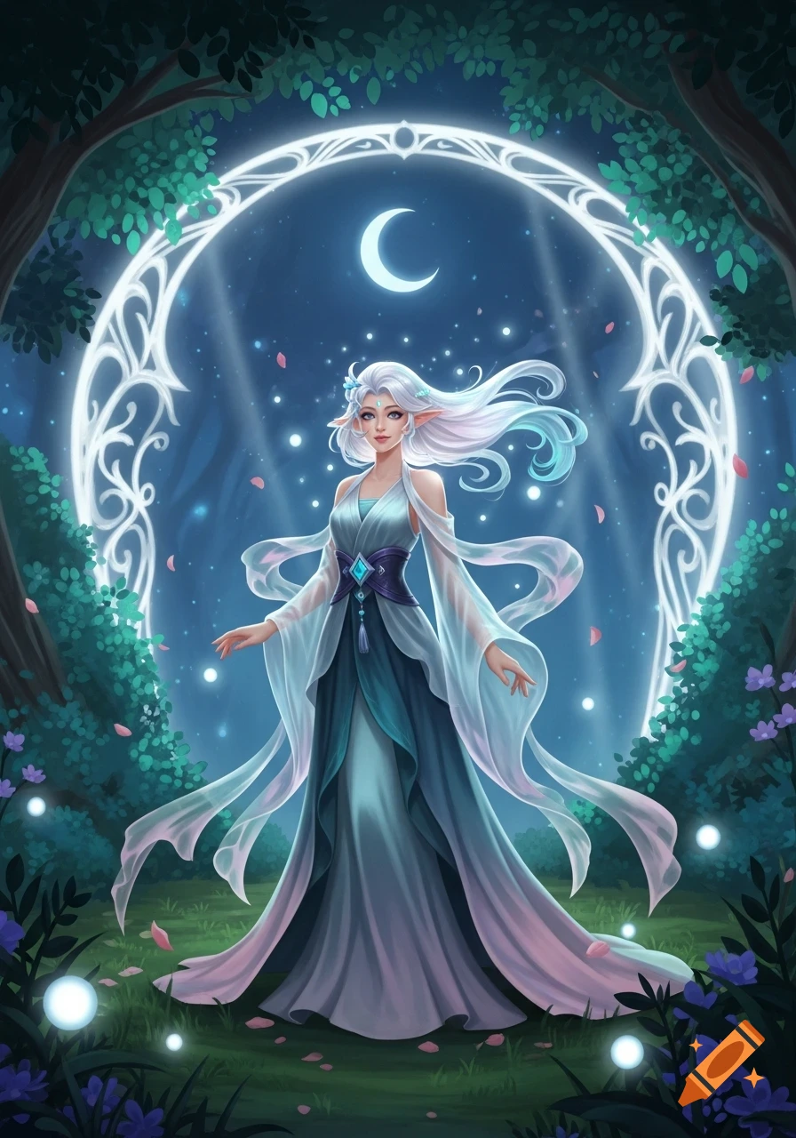 A fantasy illustration of an elegant elf-like woman with long white hair in a flowing teal and white gown, standing in a moonlit magical forest under a glowing ornate arch.