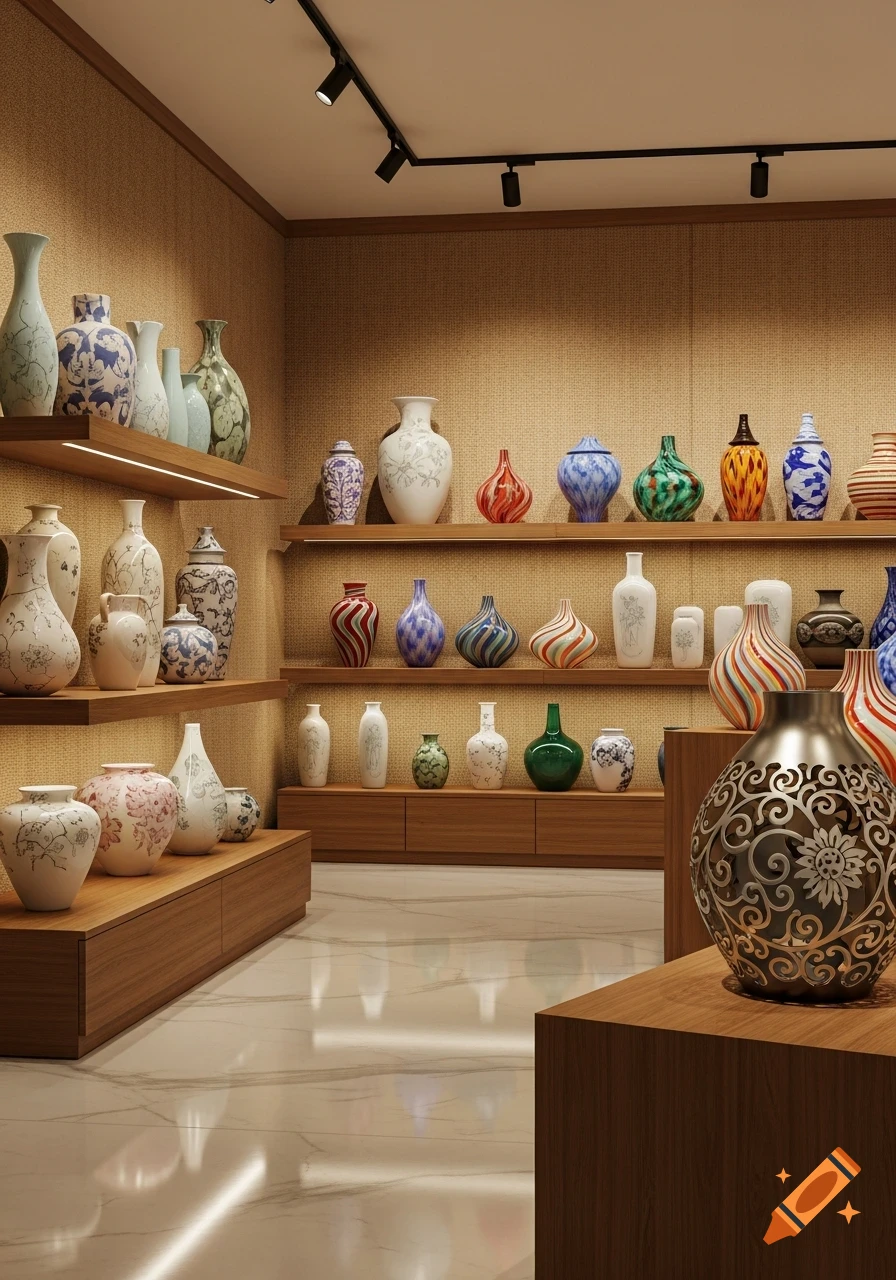 An interior view of a well-lit store displaying many colorful decorative vases on wooden shelves and stands.