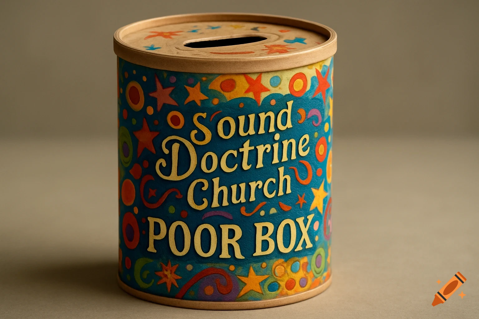 A colorful cardboard donation box labeled "Sound Doctrine Church Poor Box" with stars and shapes, featuring a slot on top.