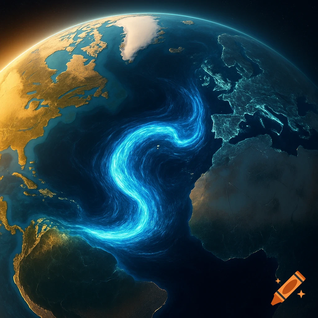 Stylized Earth from space shows a glowing blue current across the Atlantic Ocean, with golden continents.