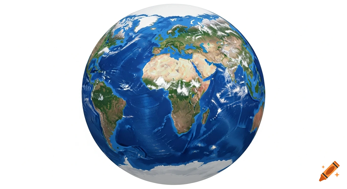 Detailed 3D render of planet Earth showing continents, oceans, and clouds on a white background.