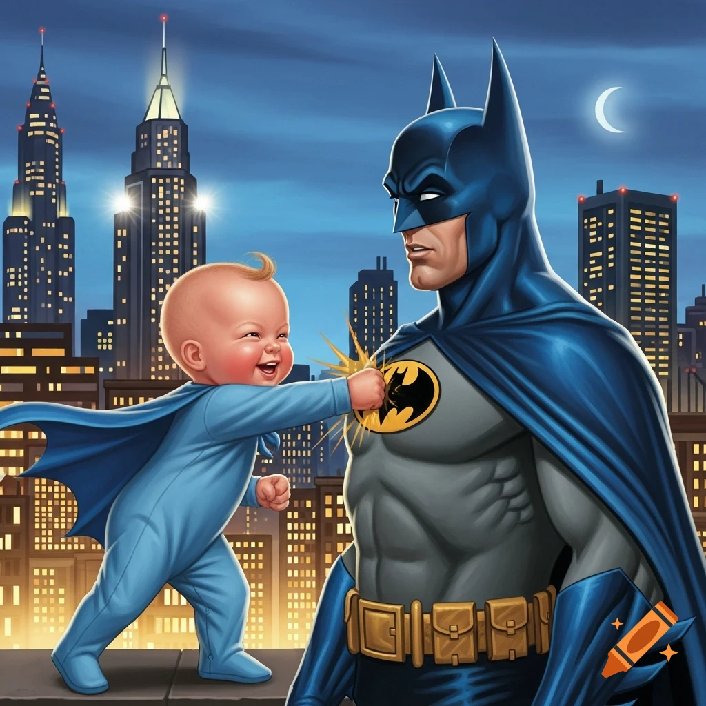 Joyful baby in blue cape playfully punches Batman's chest on a Gotham City rooftop at night, comic art style.