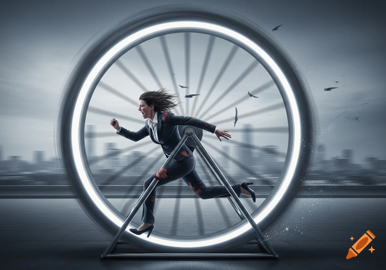 A businesswoman with wind-blown hair, looking stressed, runs furiously inside a giant glowing hamster wheel, with a blurred city behind her.